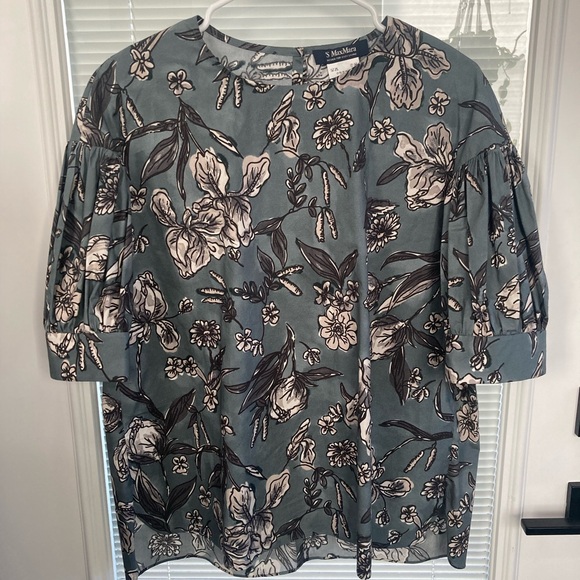 MaxMara Nina Floral Puff Sleeve Blouse - Blue - Picture 2 of 7